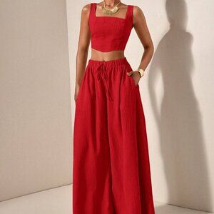 Red womens crop top & flowy wide legged pants textured fabric coord set